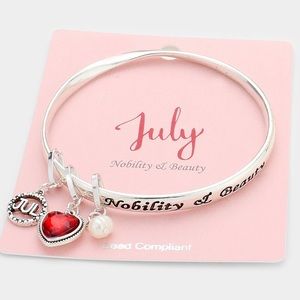 Silver pearl bead red stone July birthday bracelet bangle message